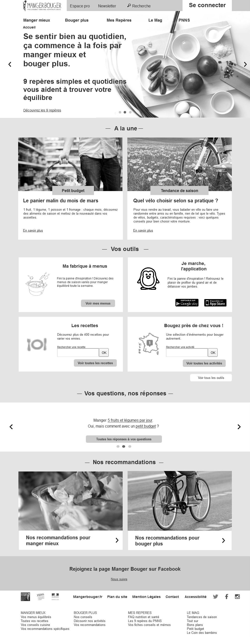 Wireframe de la page d'accueil du site Manger Bouger