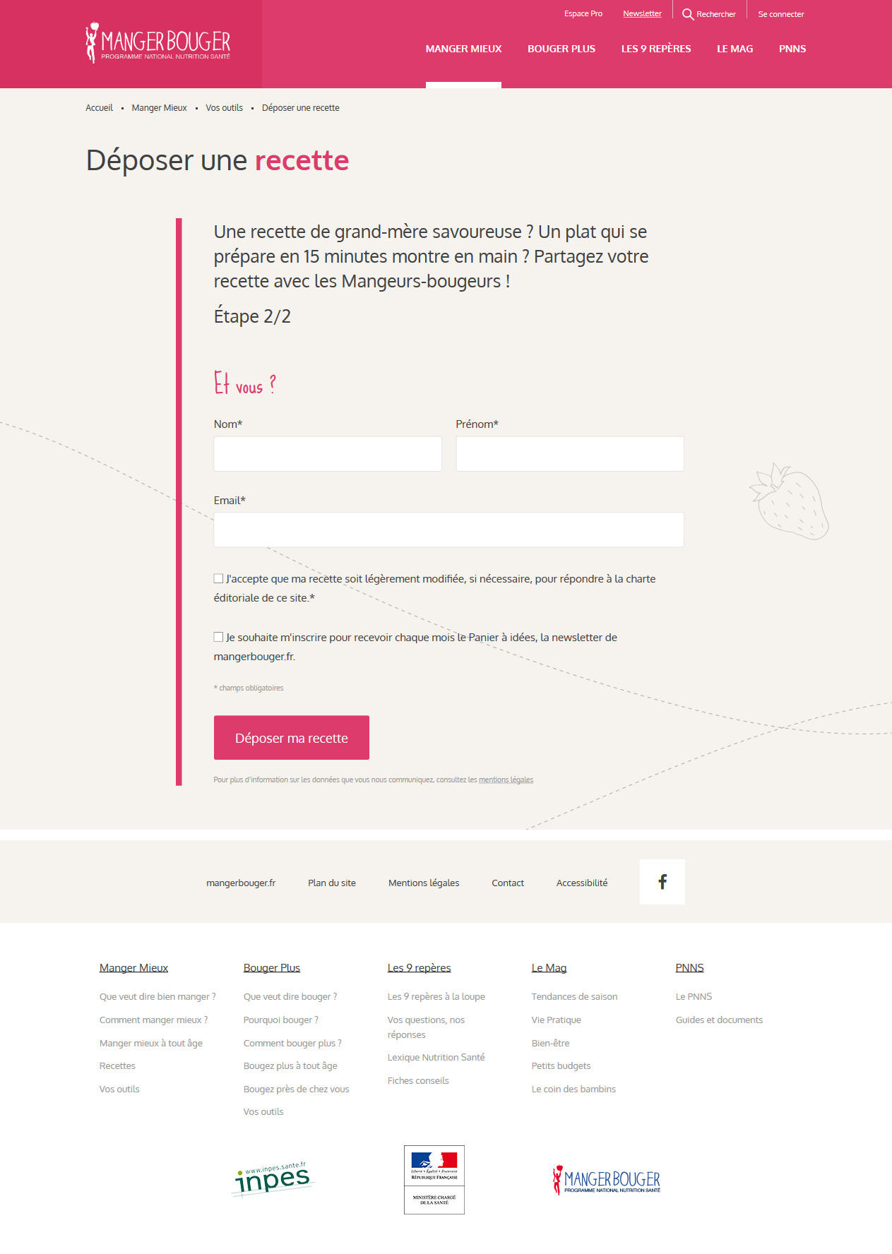 Capture d'écran de la seconde page du formulaire de dépôt de recettes