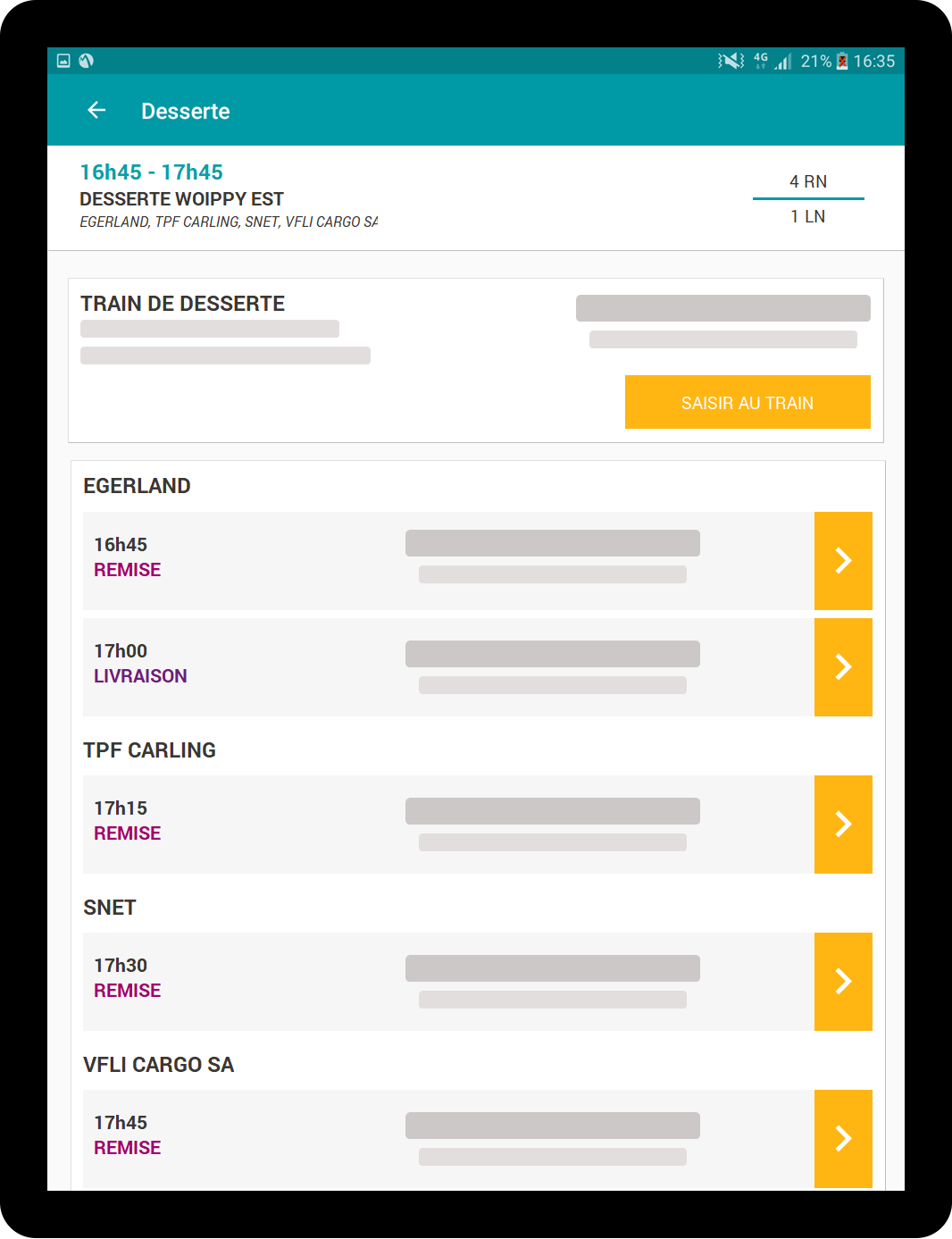 Maquette du programme de travail présentée avec une card pour le train et une autre pour les sites clients