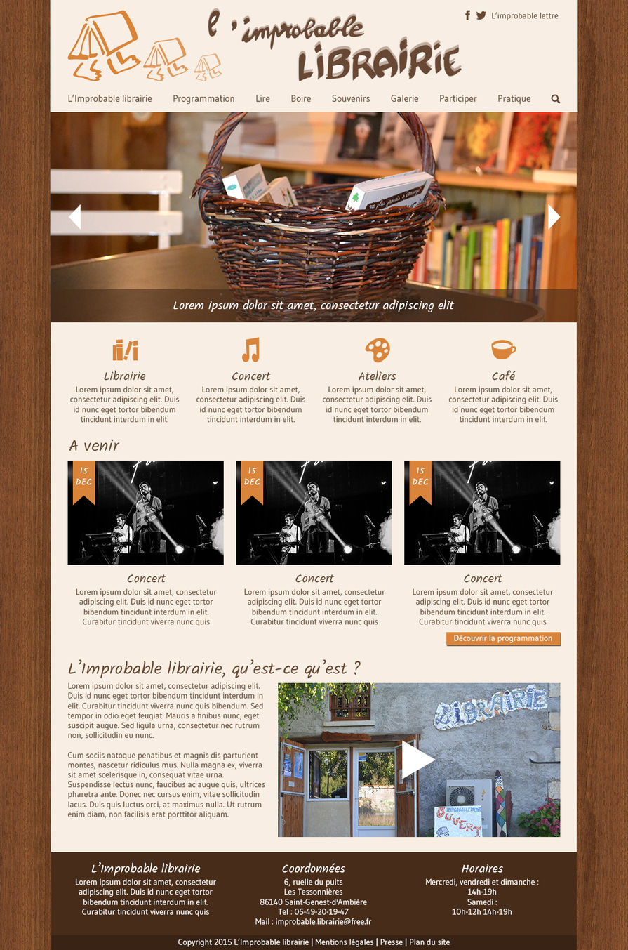 Maquette graphique de la page d'accueil du site de l'Improbable librairie