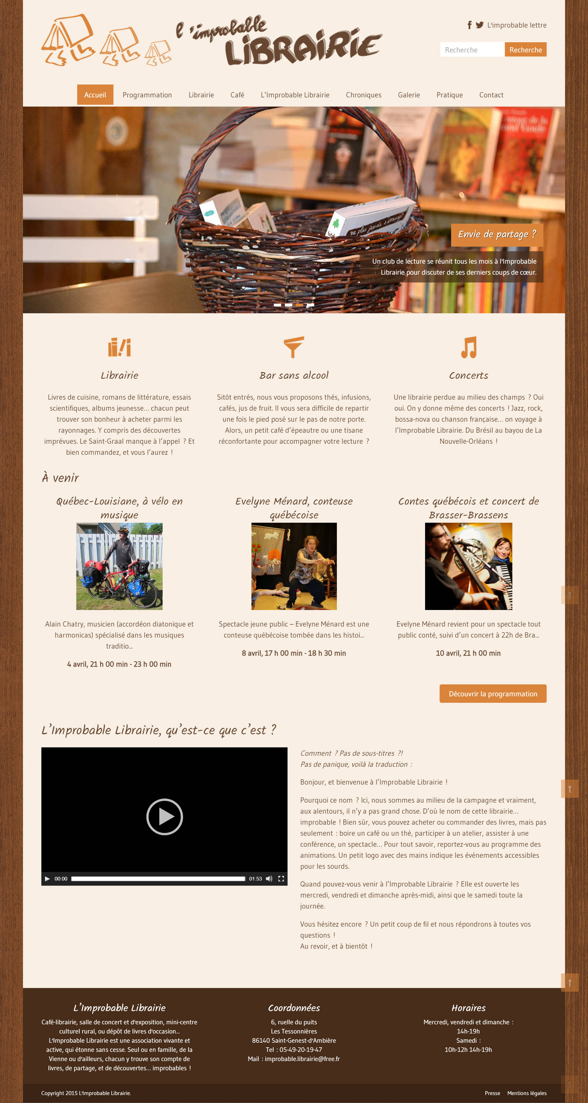 Capture d'écran de la page d'accueil du site de l'Improbable librairie