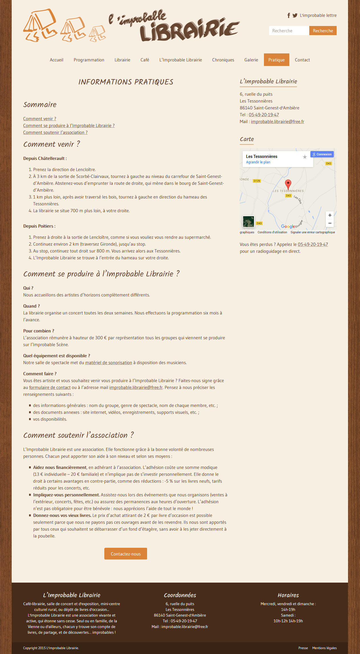 Capture d'écran de la page Informations pratiques du site de l'Improbable librairie