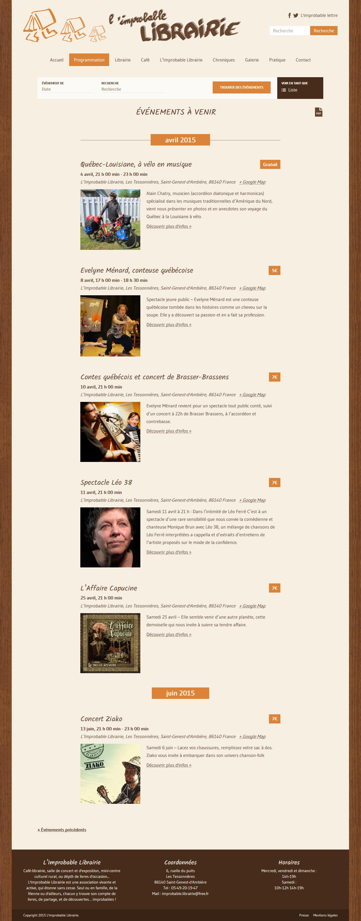 Capture d'écran de la page Informations pratiques du site de l'Improbable librairie